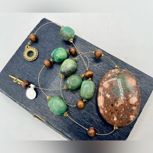 Artisan gemstone necklace chunky heavy brown & green stone beads 25” - Picture 10 of 11